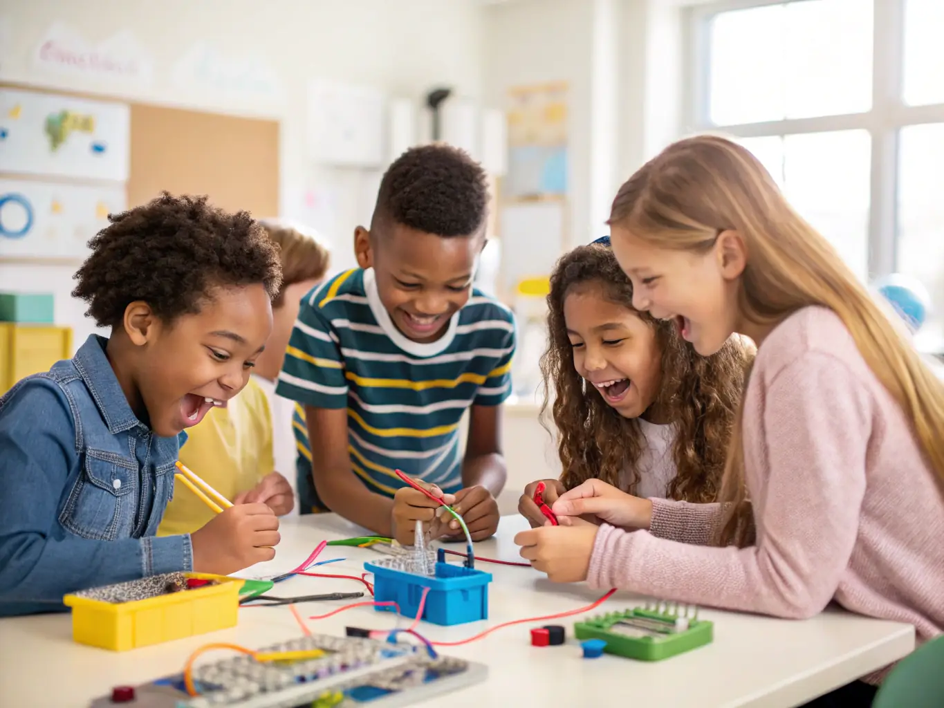 Children building an electronics project in a workshop