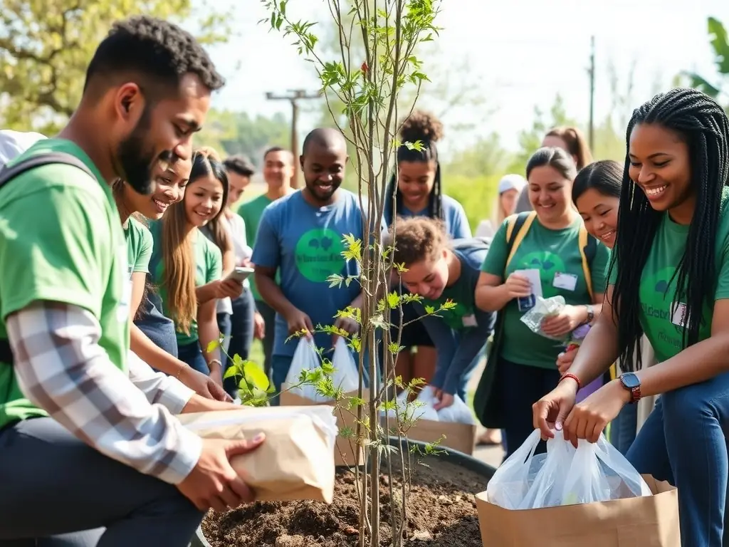 Volunteers planting a tree together in the community